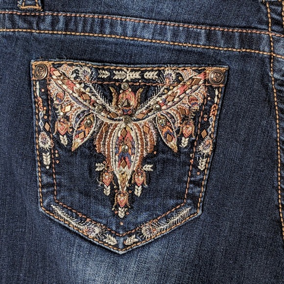 GRACE Mid-Rise Bootcut Dark Blue Distressed Jeans w/Embellished Pockets Size 30 - Picture 3 of 7